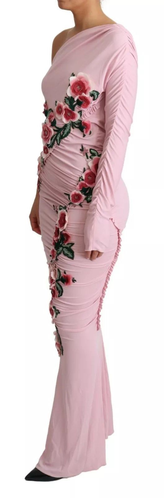 Rosafarbenes One-Shoulder-Kleid mit Blumenverzierung