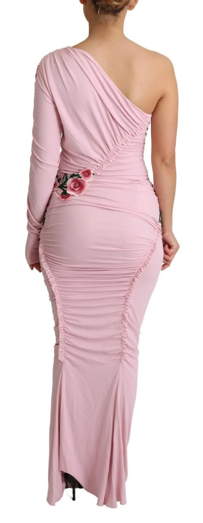 Rosafarbenes One-Shoulder-Kleid mit Blumenverzierung