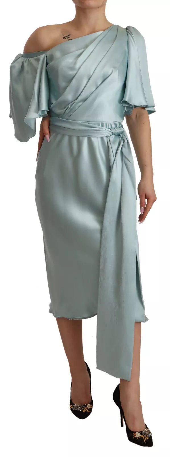 Figurbetontes One-Shoulder-Midikleid aus Seide in Mintgrün