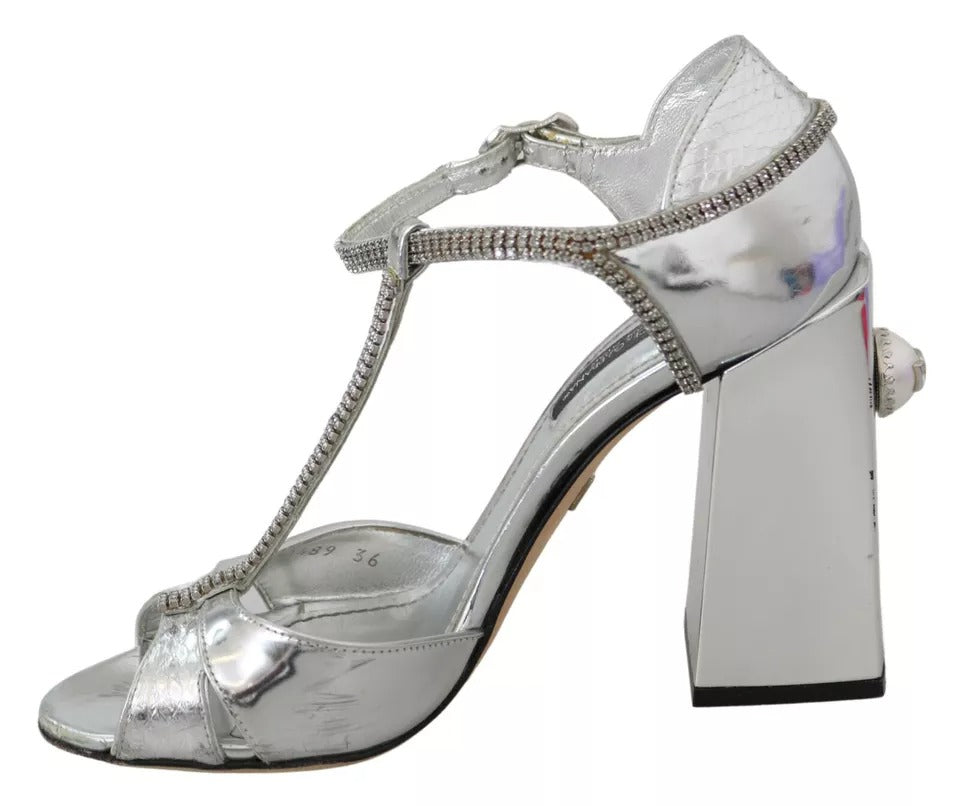 Silber Kristalle T-Riemen Sandalen Lederschuhe