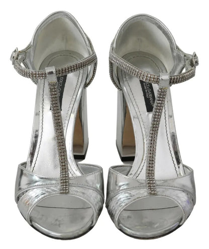 Silber Kristalle T-Riemen Sandalen Lederschuhe
