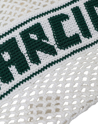 Einkaufstasche aus gestrickter Baumwolle mit Logo in Weiß und Grün