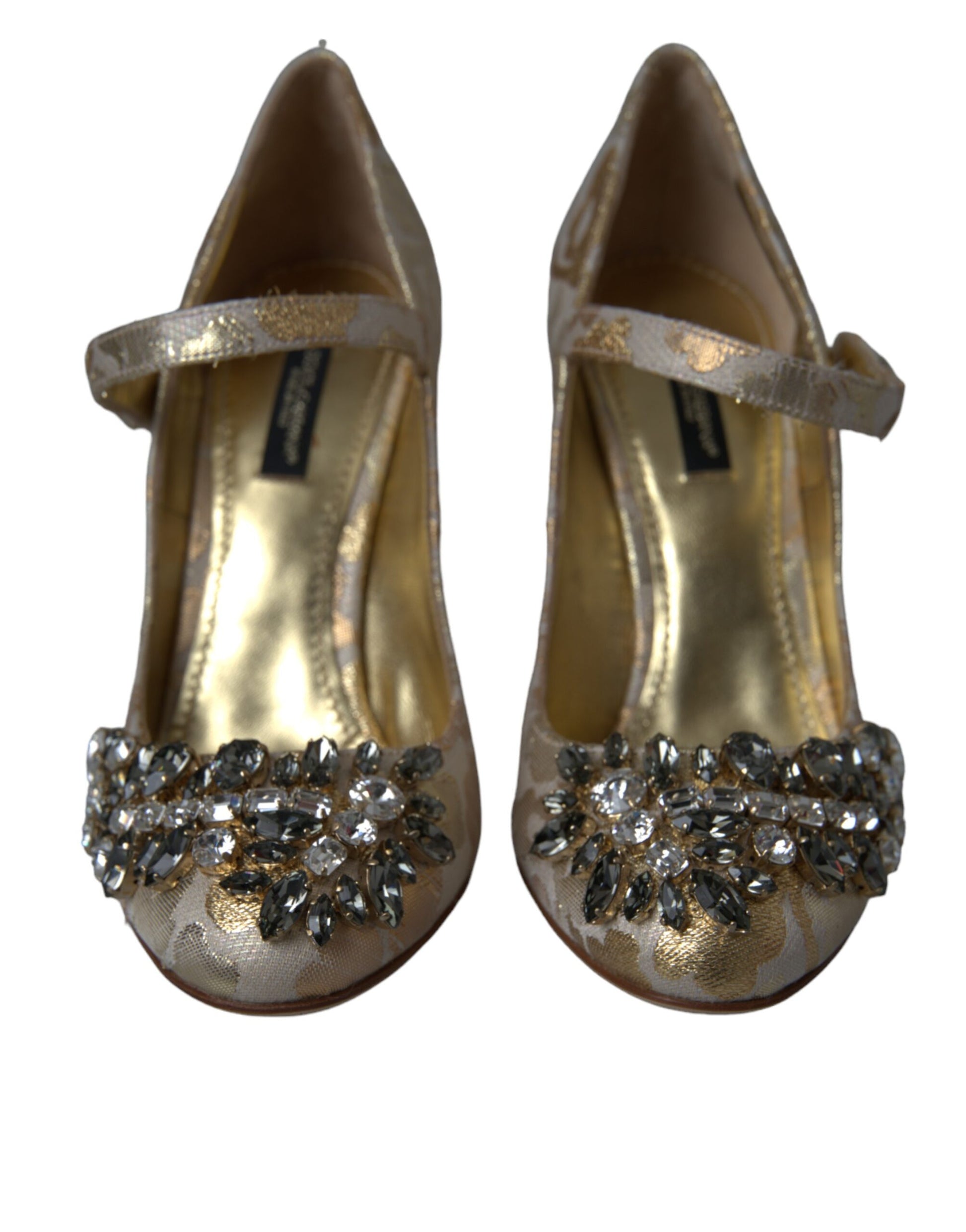 Goldfarbene Mary Janes Pumps mit Jacquard-Kristall
