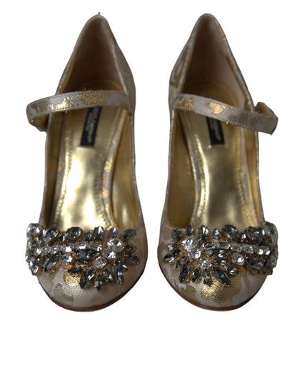 Goldfarbene Mary Janes Pumps mit Jacquard-Kristall
