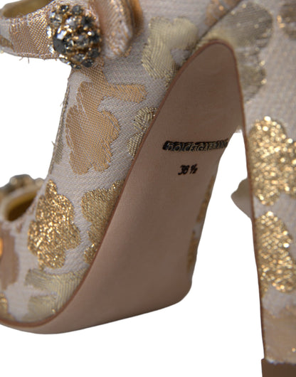 Goldfarbene Mary Janes Pumps mit Jacquard-Kristall
