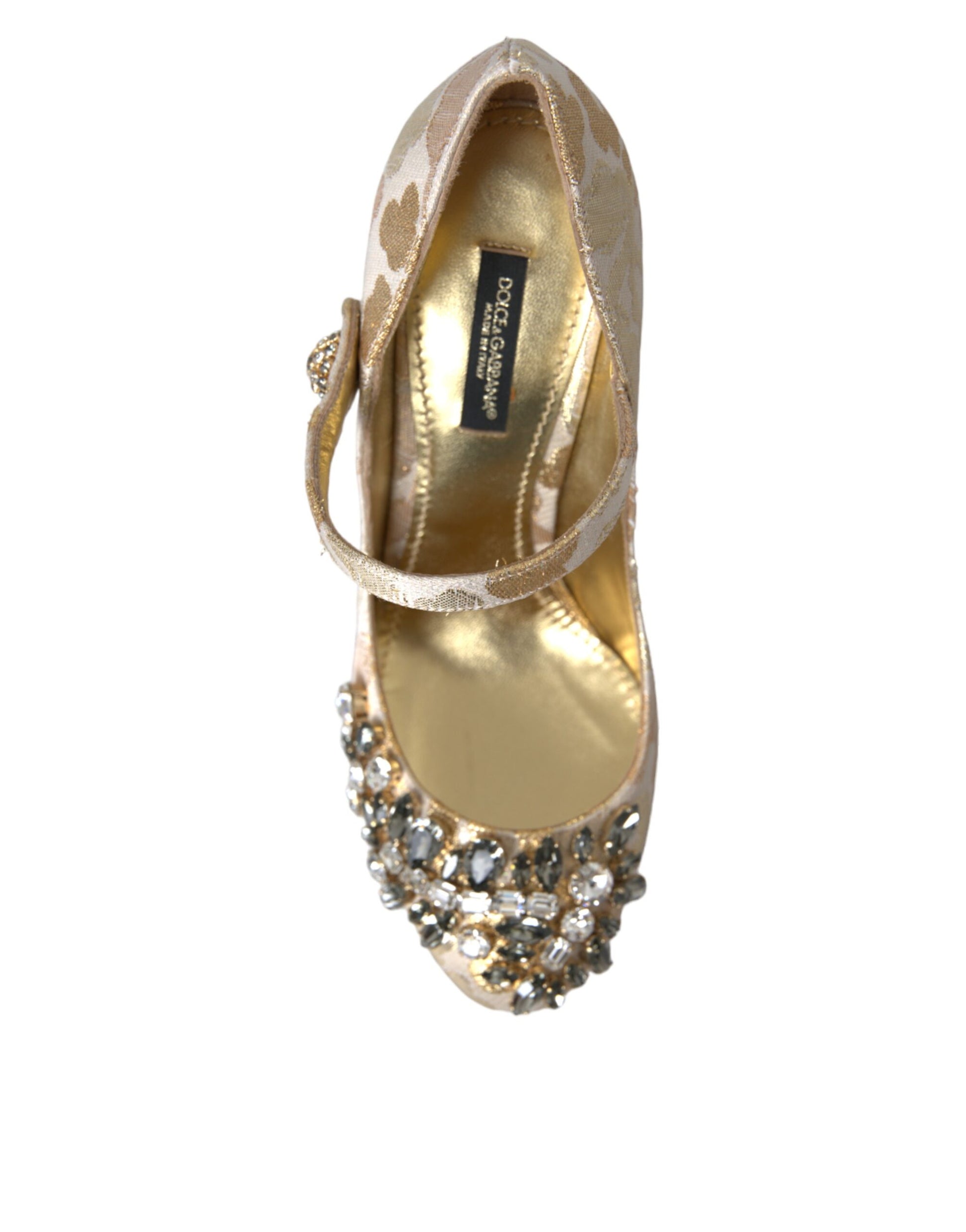 Goldfarbene Mary Janes Pumps mit Jacquard-Kristall