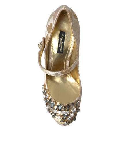 Goldfarbene Mary Janes Pumps mit Jacquard-Kristall