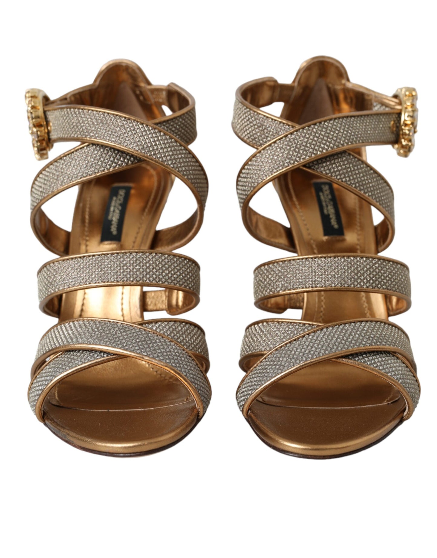 Bronzefarbene Sandalen mit Kristallen und Riemchen