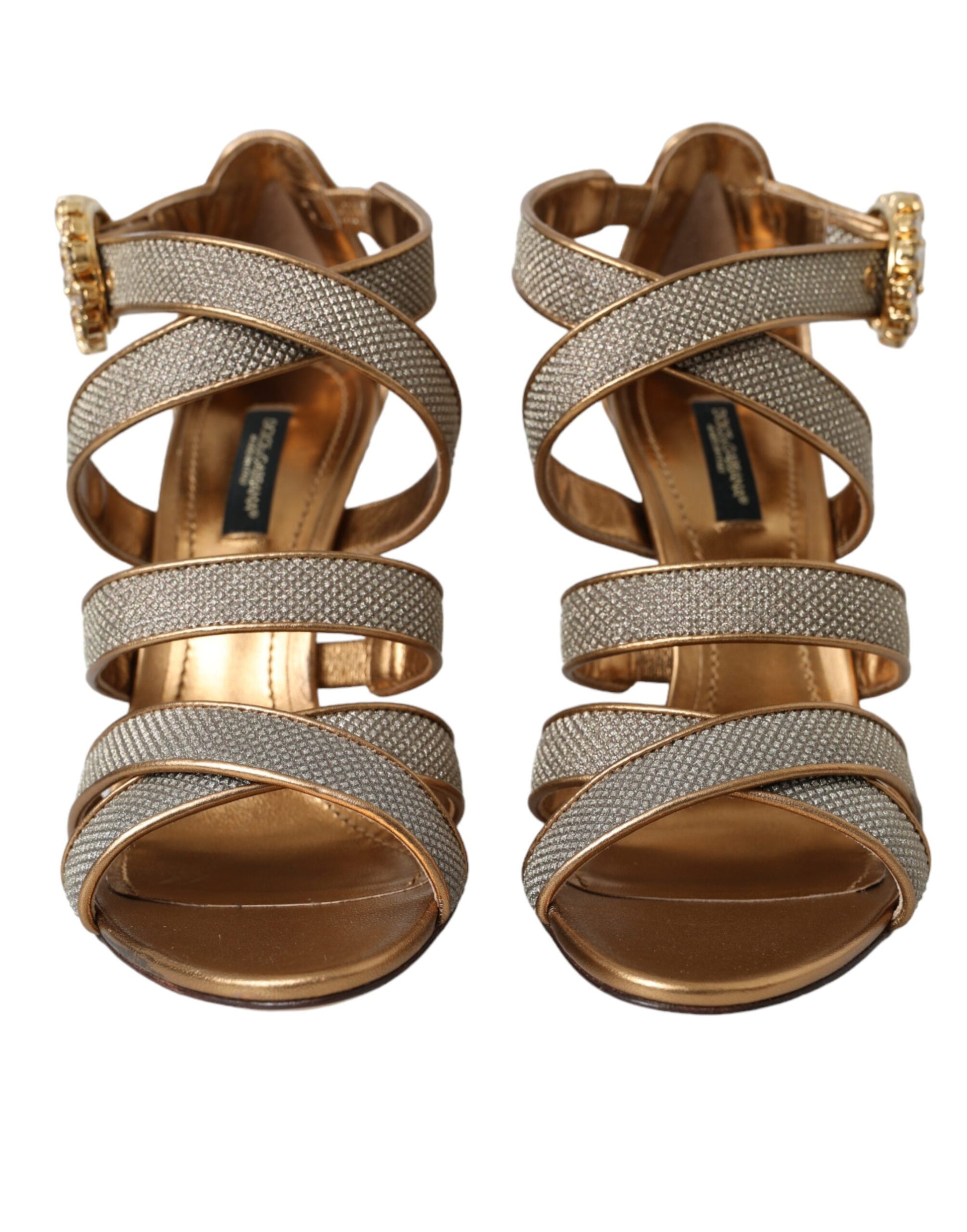 Bronzefarbene Sandalen mit Kristallen und Riemchen