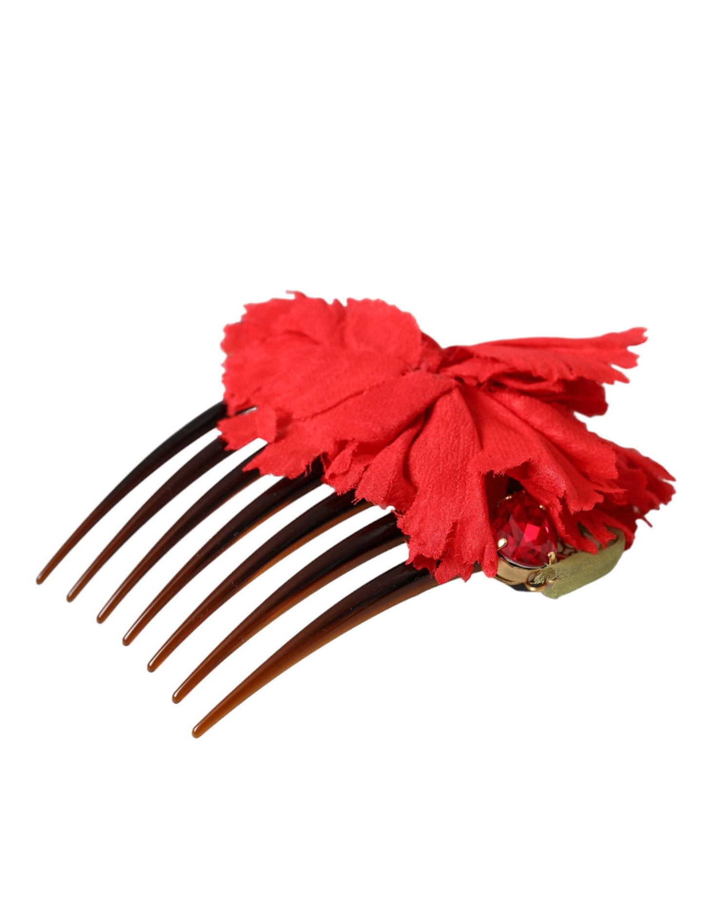 Roter Haarkamm aus Seide mit Blumenmuster und Goldmessing für Damen