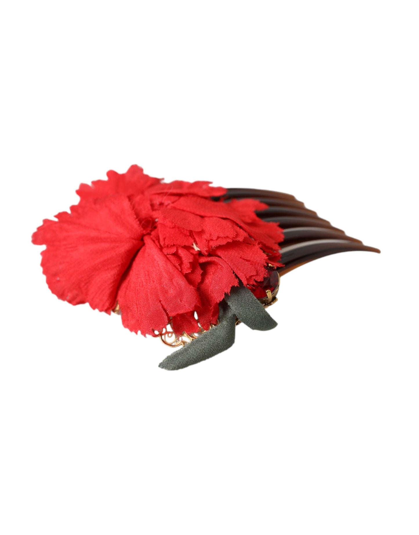 Roter Haarkamm aus Seide mit Blumenmuster und Goldmessing für Damen