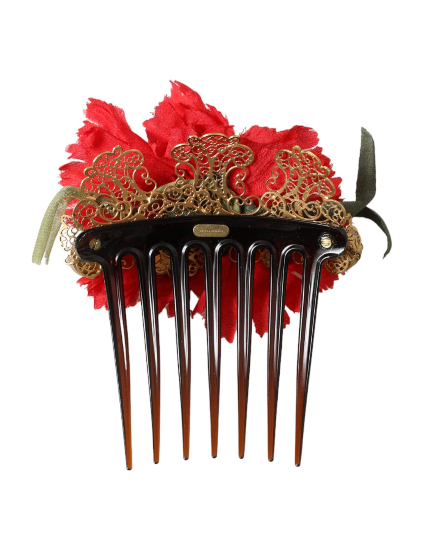 Roter Haarkamm aus Seide mit Blumenmuster und Goldmessing für Damen