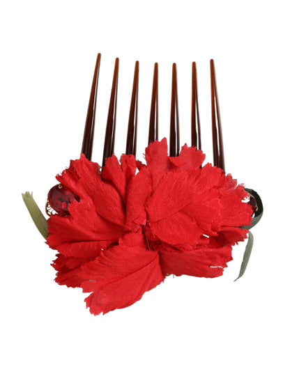 Roter Haarkamm aus Seide mit Blumenmuster und Goldmessing für Damen