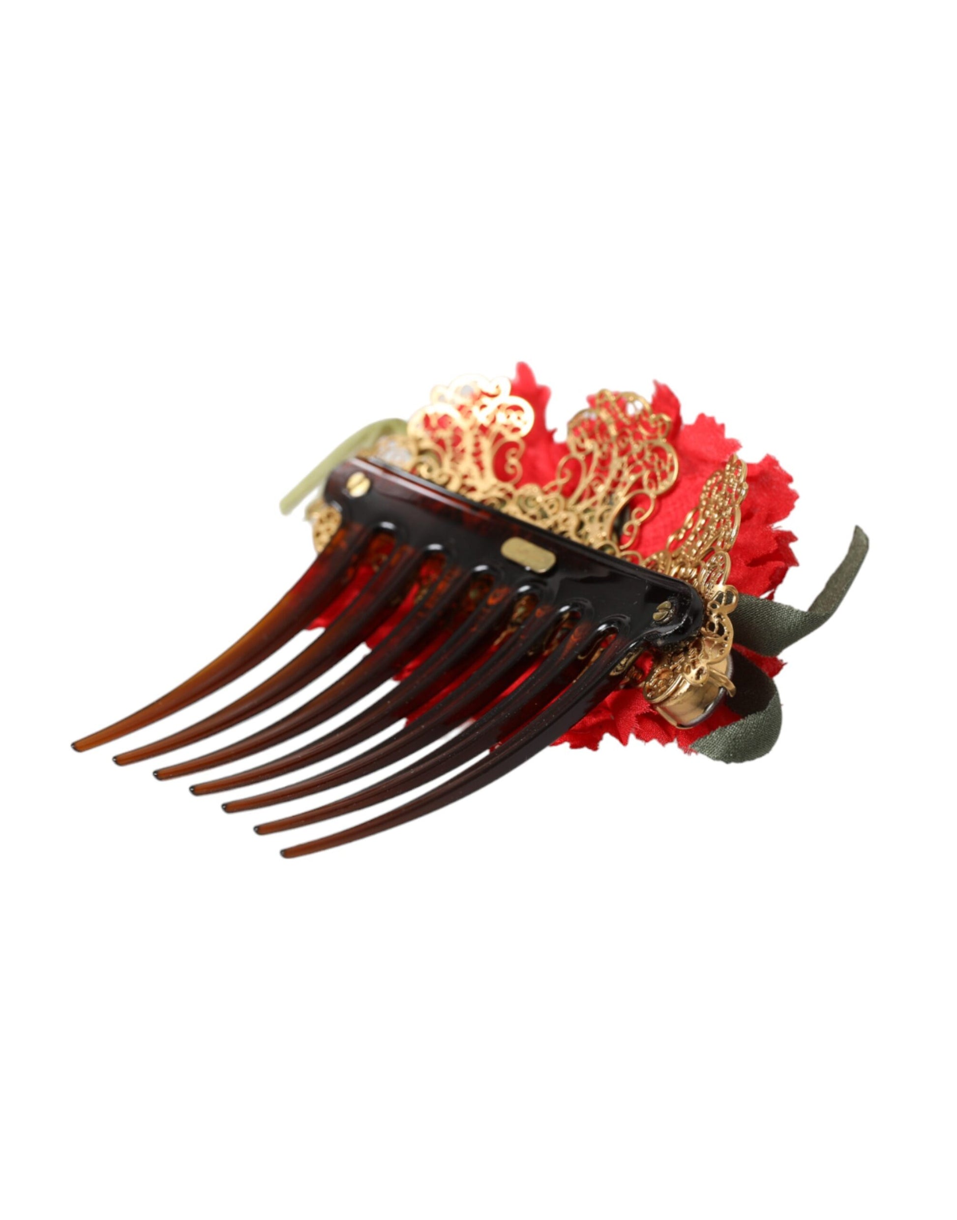 Roter Haarkamm aus Seide mit Blumenmuster und Goldmessing für Damen