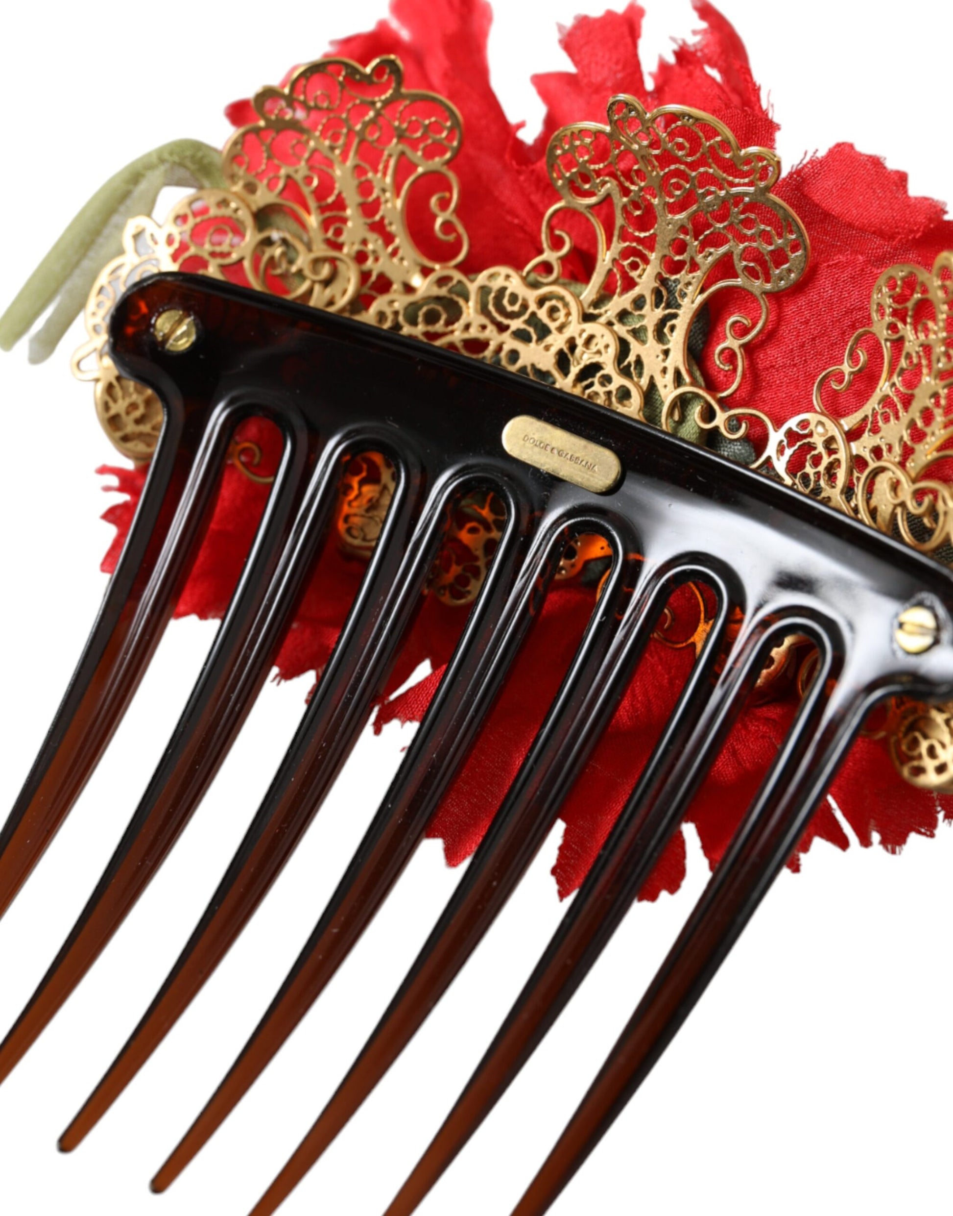 Roter Haarkamm aus Seide mit Blumenmuster und Goldmessing für Damen