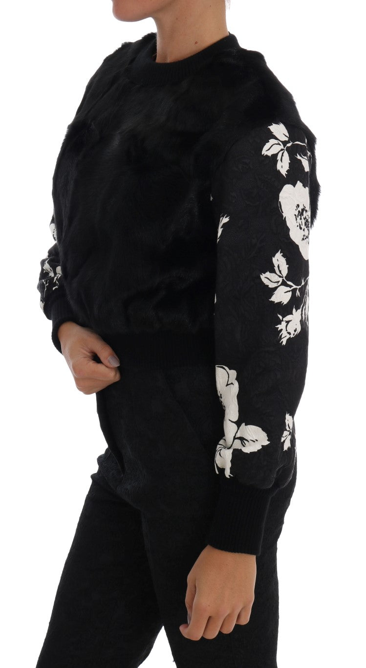 Schwarzer Pullover mit Pelz und Blumenbrokat