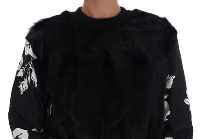 Schwarzer Pullover mit Pelz und Blumenbrokat