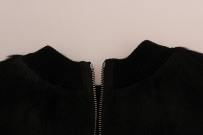 Schwarzer Pullover mit Pelz und Blumenbrokat