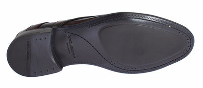 Elegante schwarze, bordeauxfarbene Lederschuhe mit Streifen