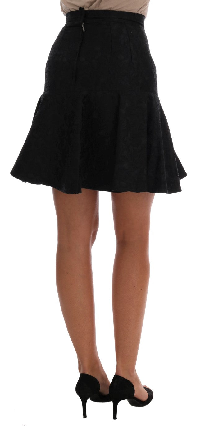 Eleganter schwarzer Jacquard-A-Linienrock mit Blumenmuster