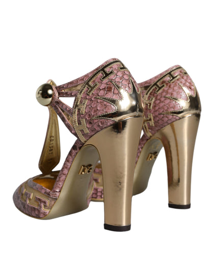 Rosa Gold Leder Pumps T-Riemchen Sandalen Schuhe