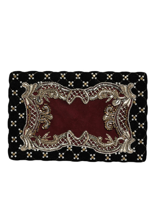 Bordeauxrote, schwarze Clutch aus Samt mit Goldrahmen, Abendtasche