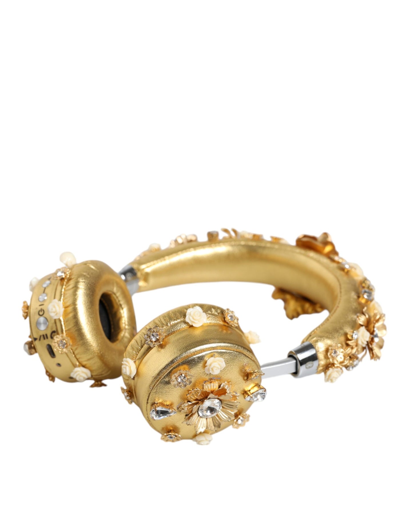Goldene Leder-Kopfhörer mit Blumen- und Kristallengel-Motiv