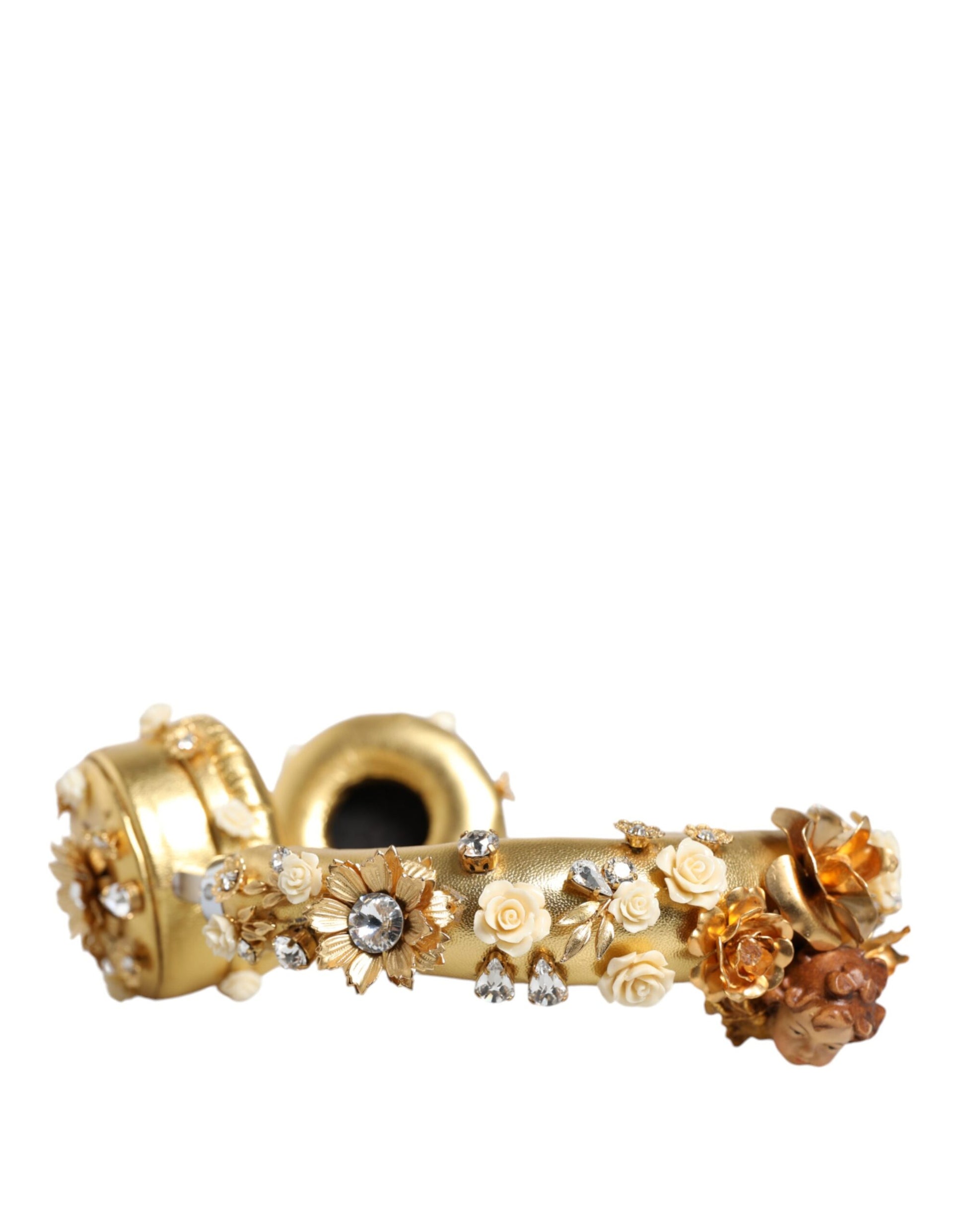 Goldene Leder-Kopfhörer mit Blumen- und Kristallengel-Motiv