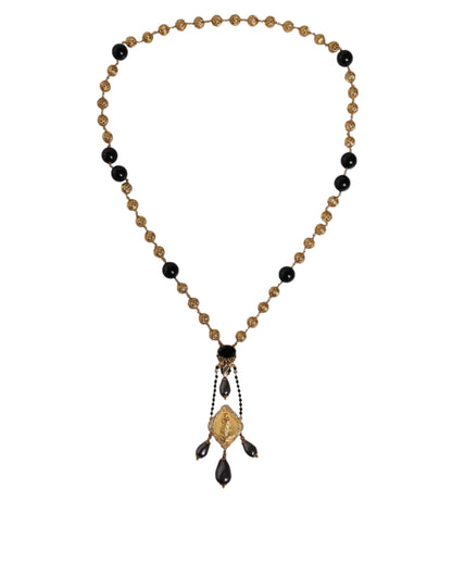 Halskette im Rosenkranz-Stil mit goldener Kette und schwarzen Perlen aus Messing
