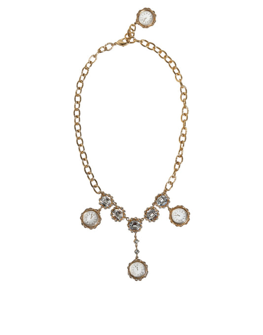 Statement-Halskette mit goldener Kette und Kristalluhr aus Messing