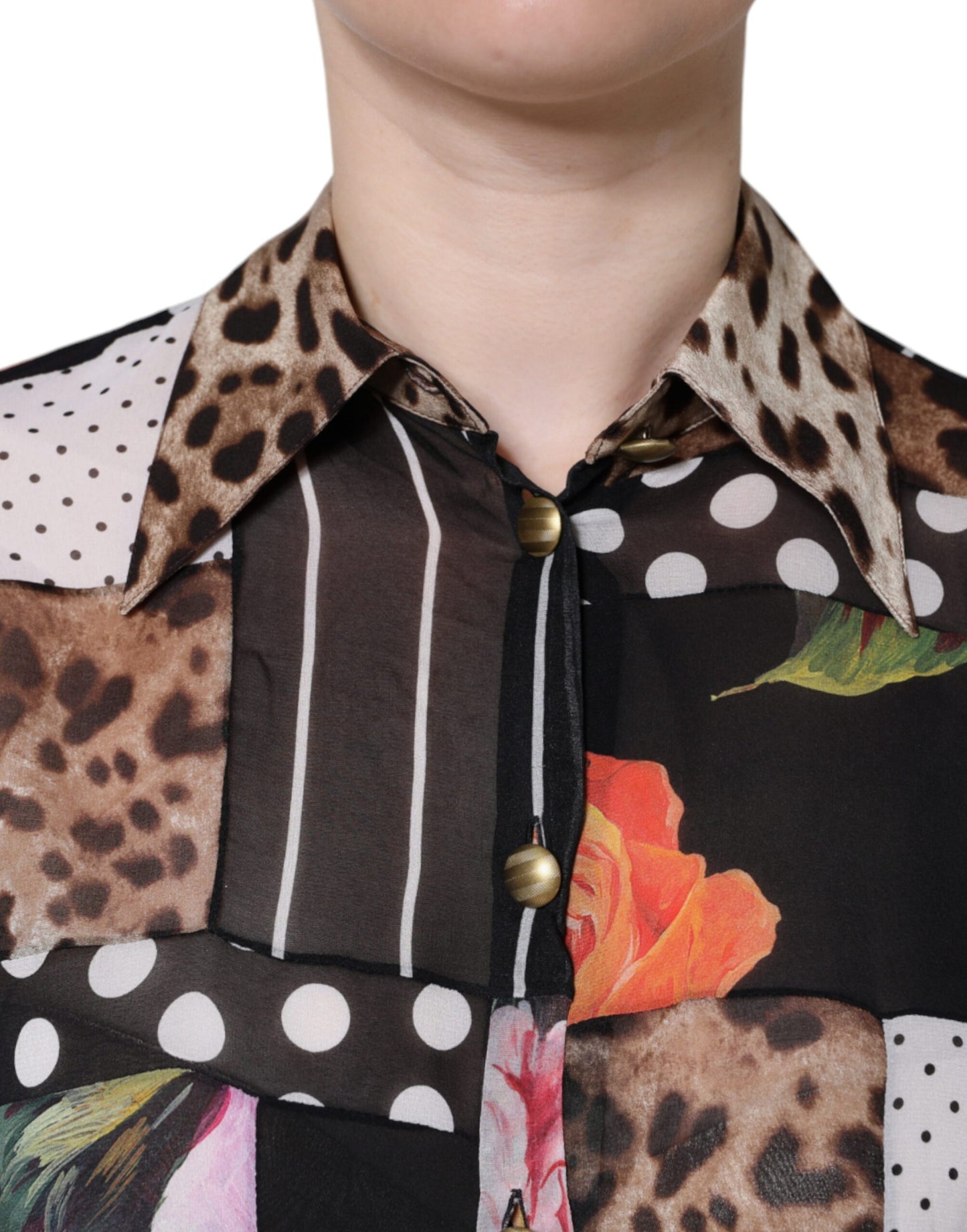 Mehrfarbiges Patchwork-Blusetop aus Seide mit Kragen