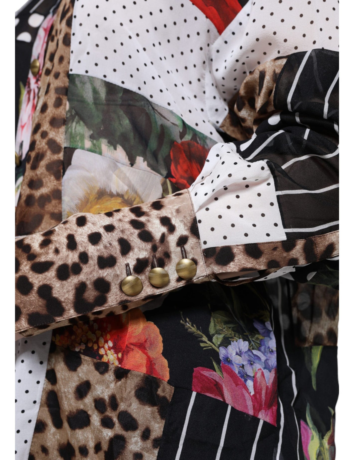 Mehrfarbiges Patchwork-Blusetop aus Seide mit Kragen