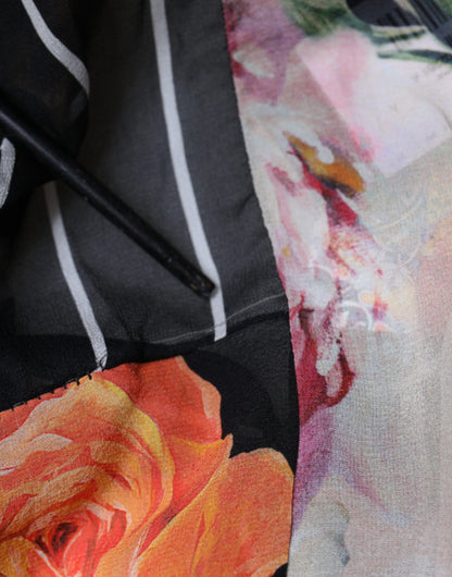 Mehrfarbiges Patchwork-Blusetop aus Seide mit Kragen