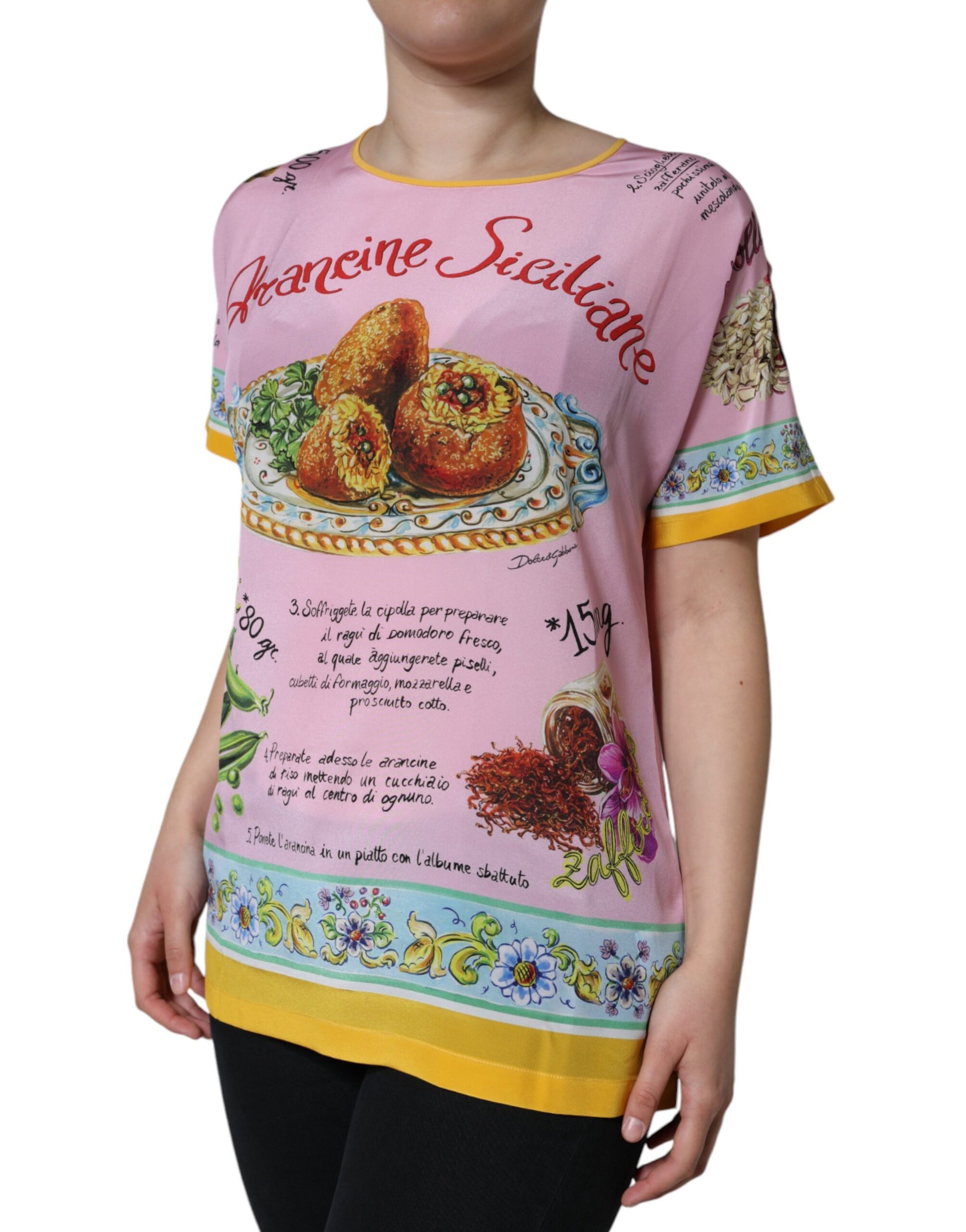 Rosa Seidentop mit Araneine-Siciliana-Print und kurzen Ärmeln