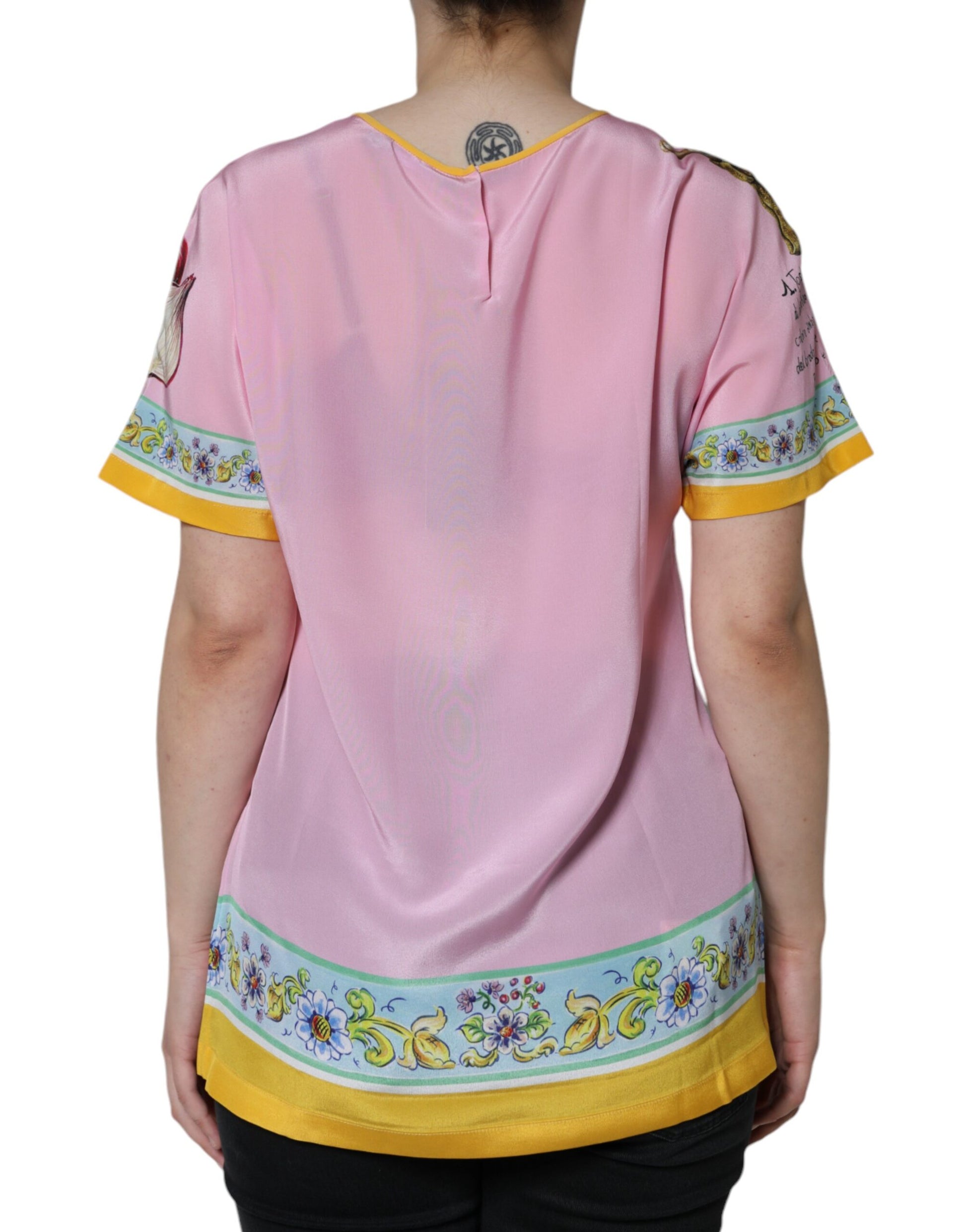 Rosa Seidentop mit Araneine-Siciliana-Print und kurzen Ärmeln