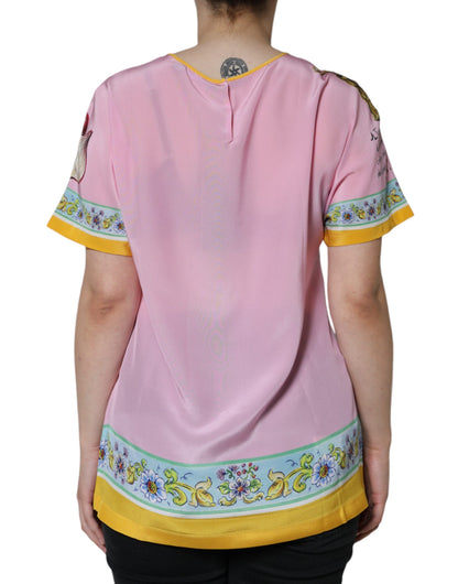 Rosa Seidentop mit Araneine-Siciliana-Print und kurzen Ärmeln