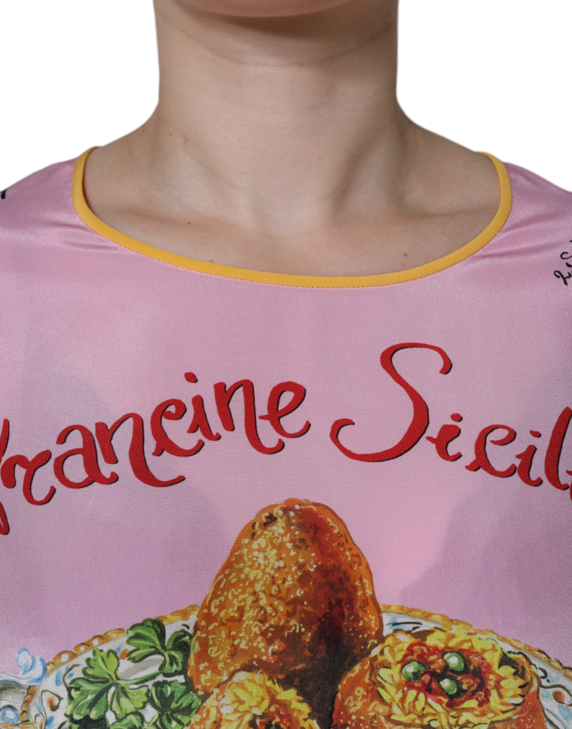Rosa Seidentop mit Araneine-Siciliana-Print und kurzen Ärmeln