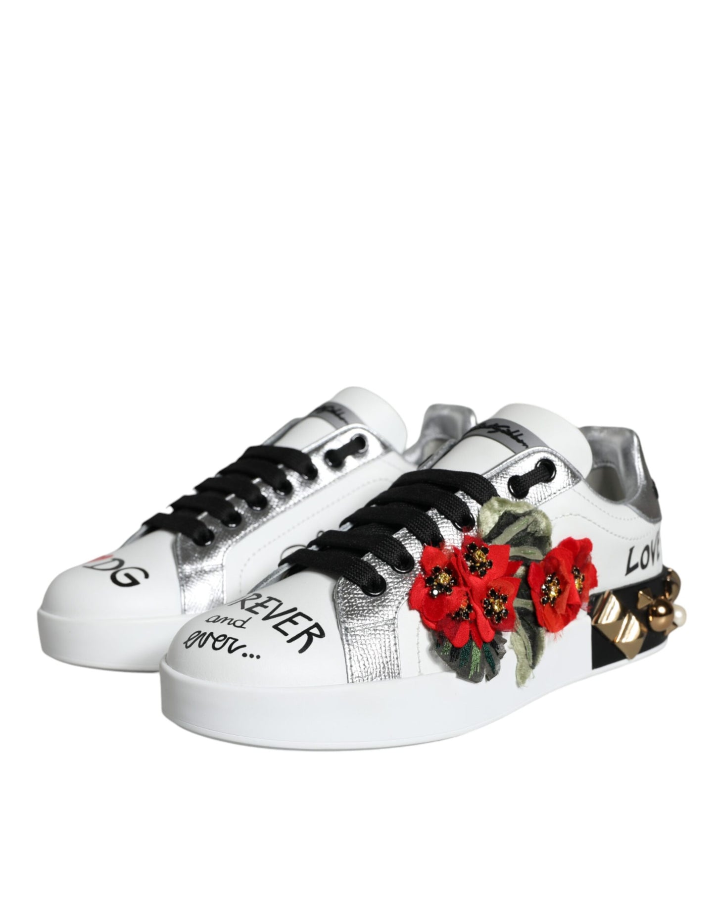 Weiße Sneakers aus Leder mit Blumen- und Nietenbesatz