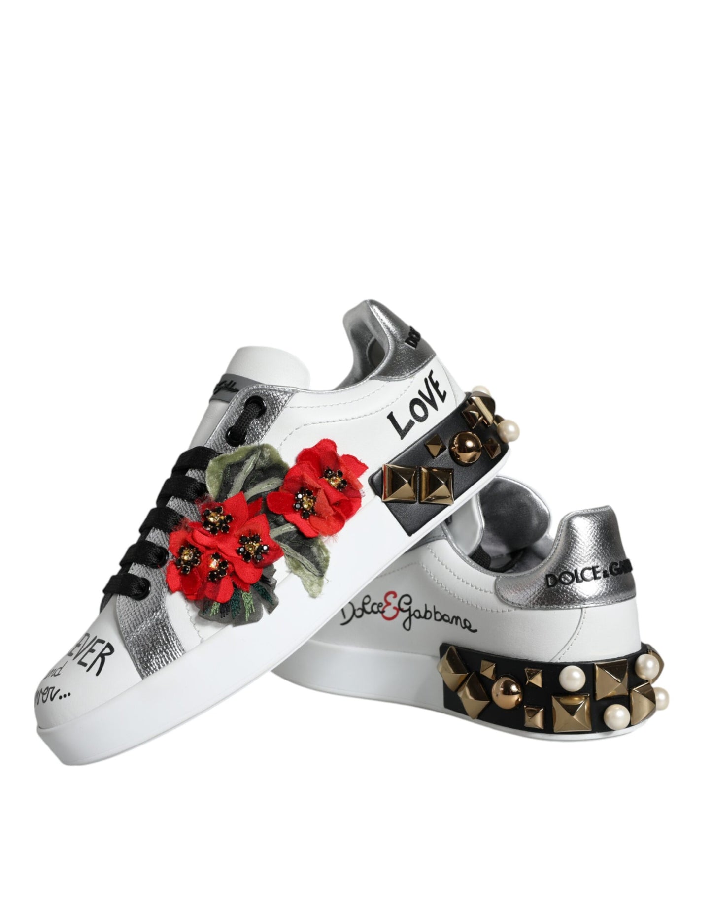 Weiße Sneakers aus Leder mit Blumen- und Nietenbesatz