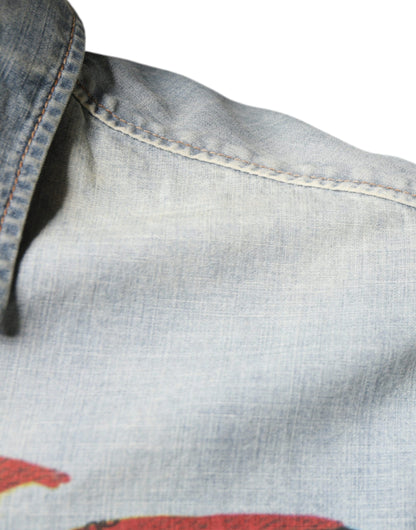 Hellblaues bedrucktes Langarmhemd aus Baumwolldenim