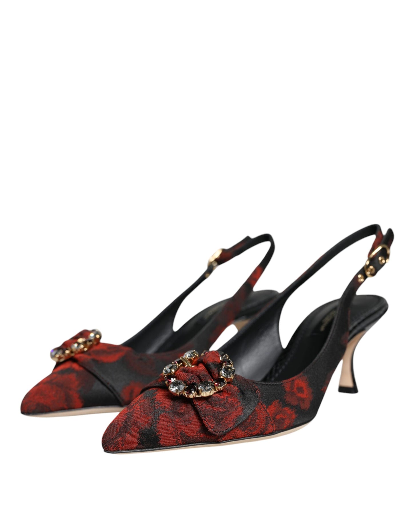 Slingback-Schuhe mit Blumenmuster und Kristallabsatz in Schwarz und Rot