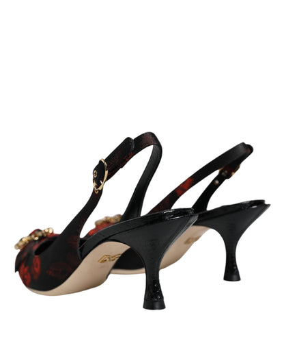 Slingback-Schuhe mit Blumenmuster und Kristallabsatz in Schwarz und Rot