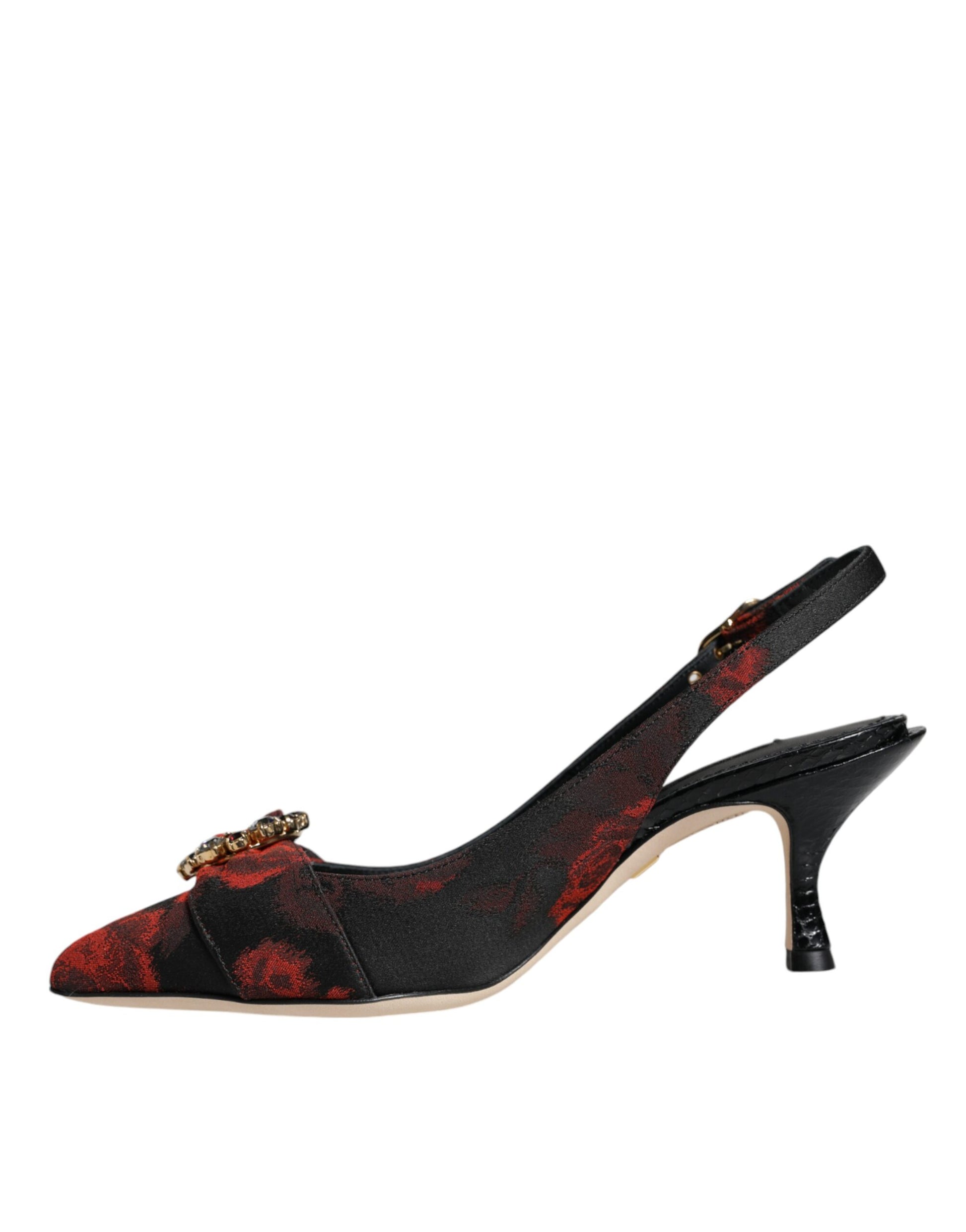 Slingback-Schuhe mit Blumenmuster und Kristallabsatz in Schwarz und Rot