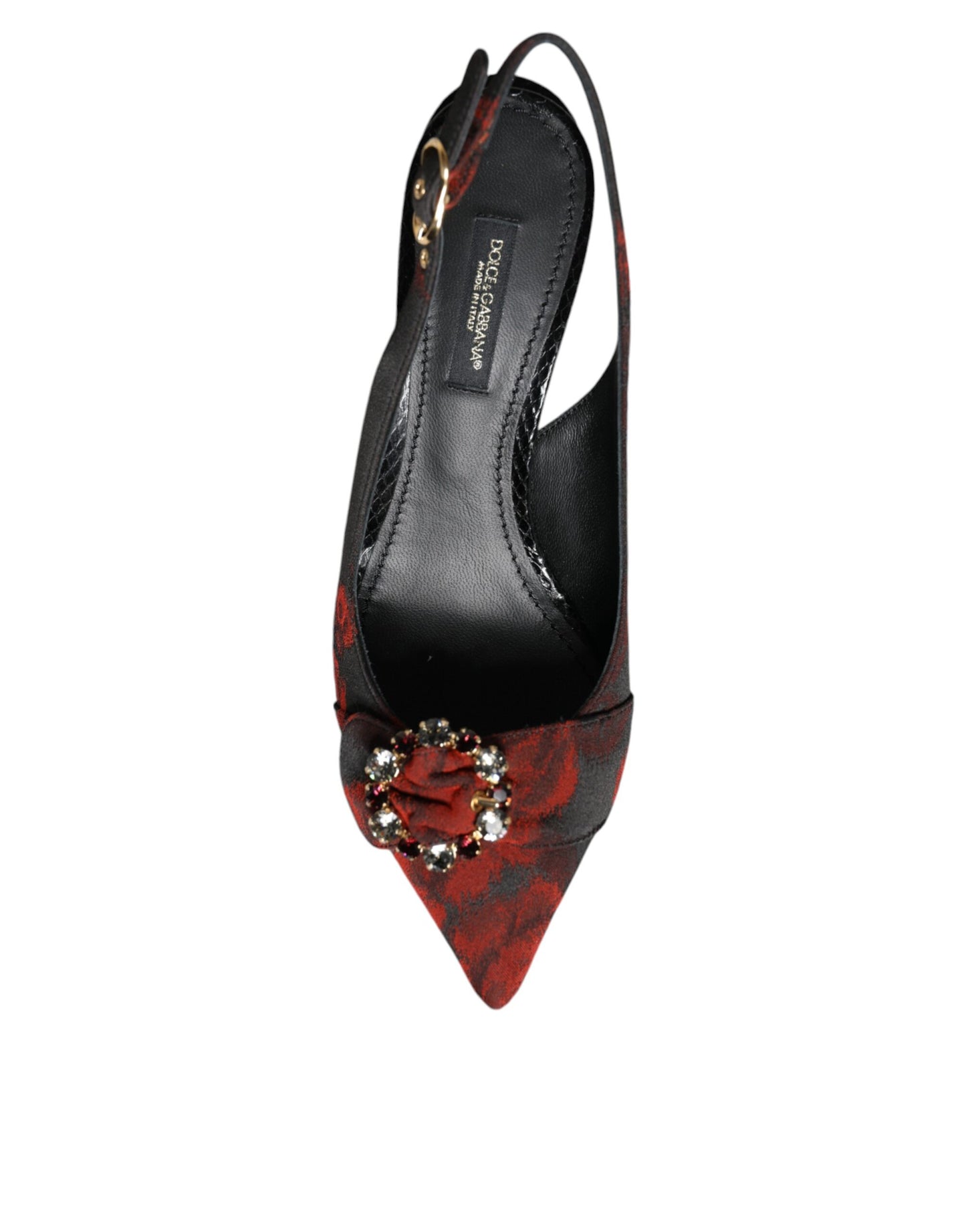 Slingback-Schuhe mit Blumenmuster und Kristallabsatz in Schwarz und Rot