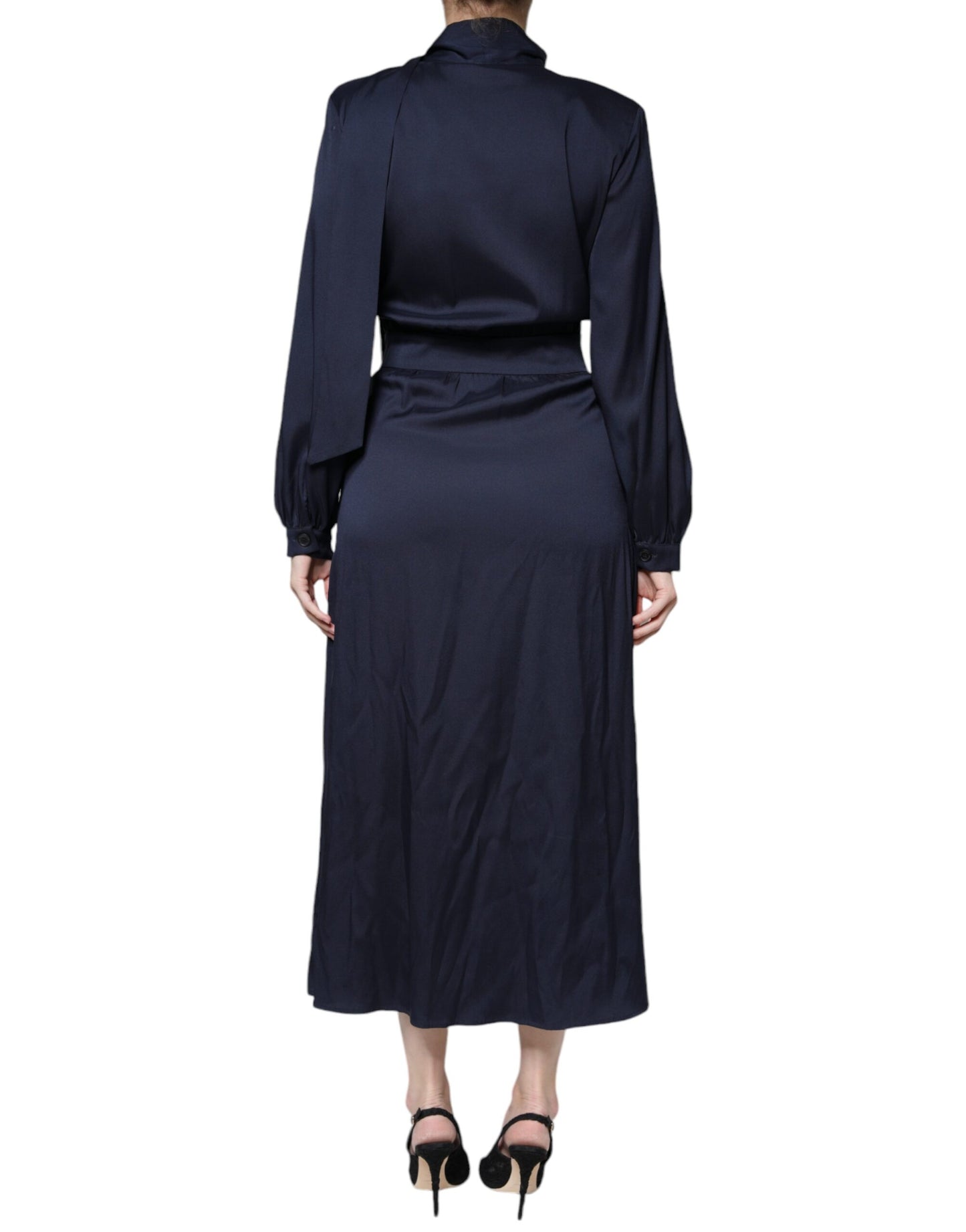 Dunkelblaues, langärmliges, plissiertes Maxikleid in A-Linie
