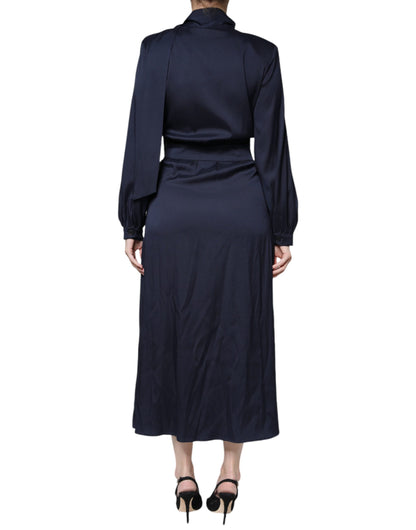 Dunkelblaues, langärmliges, plissiertes Maxikleid in A-Linie