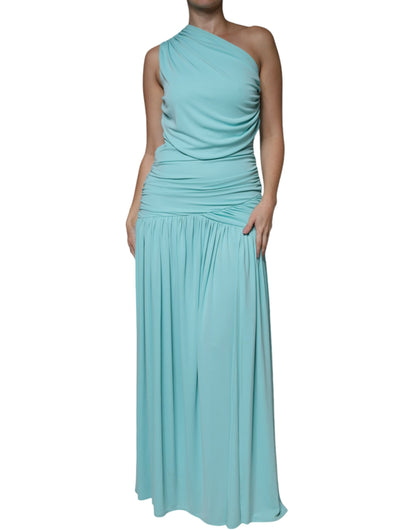 Hellblaues, langes, drapiertes One-Shoulder-Jersey-Kleid