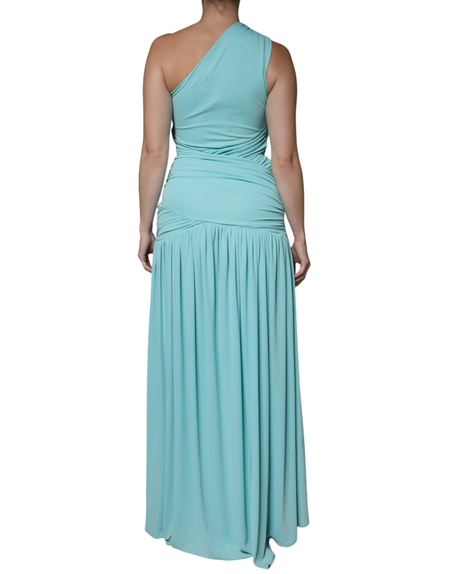 Hellblaues, langes, drapiertes One-Shoulder-Jersey-Kleid