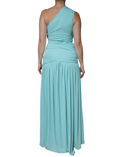 Hellblaues, langes, drapiertes One-Shoulder-Jersey-Kleid
