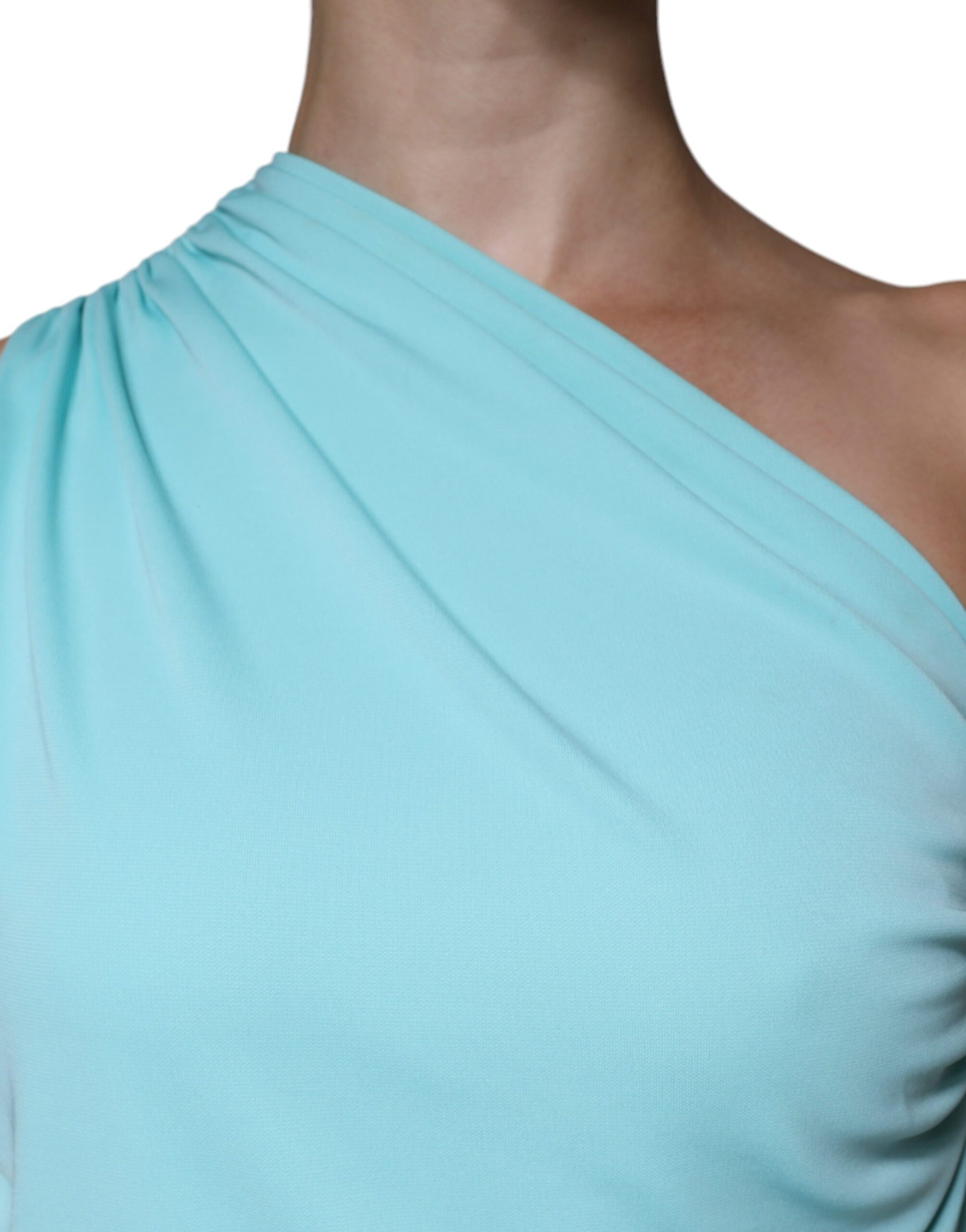 Hellblaues, langes, drapiertes One-Shoulder-Jersey-Kleid